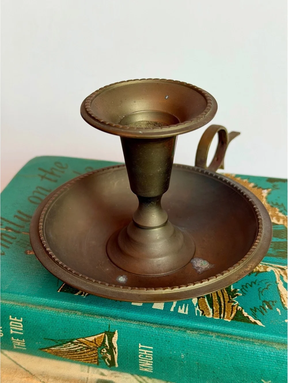 Vintage Brass Chamberstick Candle Holder Taj Mahal India Finger Loop Handle